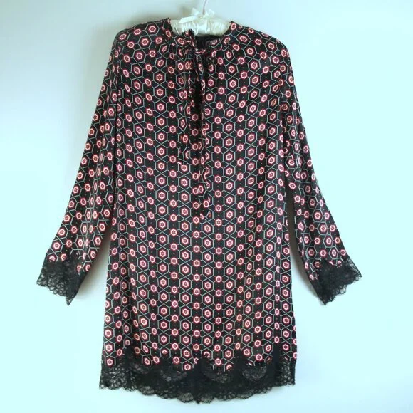 Sandro Paris Black Satin Red Floral Tie Neckline Lace Trim Mini Shift Dress 2 - Picture 1 of 6